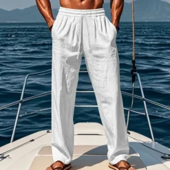 OUKU Men's Linen Pants Trousers Summer Pants Beach Pants Elastic Waist Drawstring Straight Leg Plain Comfort Breathable Casual Daily Holiday Vacation Fashion Black White