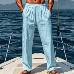 OUKU Men's Linen Pants Trousers Summer Pants Beach Pants Elastic Waist Drawstring Straight Leg Plain Comfort Breathable Casual Daily Holiday Vacation Fashion Black White