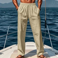 OUKU Men's Linen Pants Trousers Summer Pants Beach Pants Elastic Waist Drawstring Straight Leg Plain Comfort Breathable Casual Daily Holiday Vacation Fashion Black White