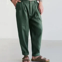 Clearance OUKU Men's Linen Pants Trousers Summer Pants Beach Pants Buttons Pocket Plain Comfort Breathable Vacation Daily Holiday Hawaiian Boho Dark Brown Black