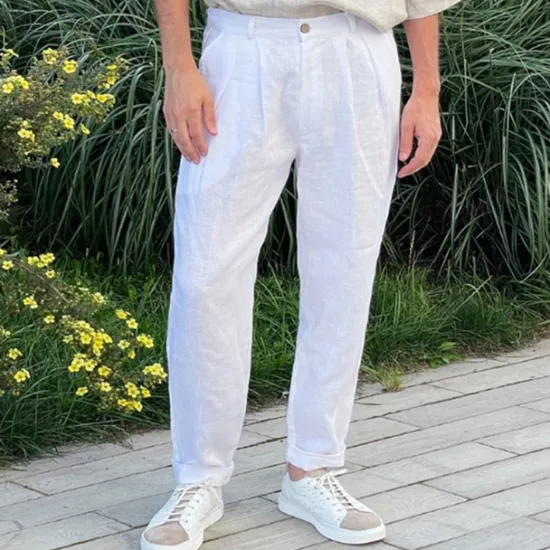 Clearance OUKU Men's Linen Pants Trousers Summer Pants Beach Pants Buttons Pocket Plain Comfort Breathable Vacation Daily Holiday Hawaiian Boho Dark Brown Black
