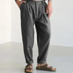 Clearance OUKU Men's Linen Pants Trousers Summer Pants Beach Pants Buttons Pocket Plain Comfort Breathable Vacation Daily Holiday Hawaiian Boho Dark Brown Black