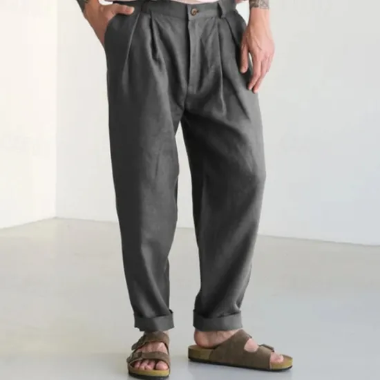 Clearance OUKU Men's Linen Pants Trousers Summer Pants Beach Pants Buttons Pocket Plain Comfort Breathable Vacation Daily Holiday Hawaiian Boho Dark Brown Black