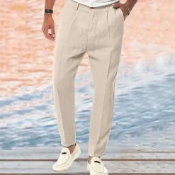 Sale OUKU Men's Linen Pants Trousers Summer Pants Beach Pants Buttons Pocket Plain Comfort Breathable Vacation Daily Holiday Hawaiian Boho White Khaki