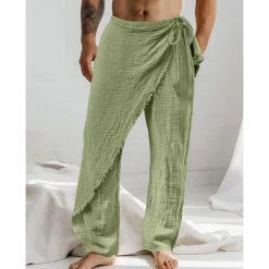 Best OUKU Men's Linen Pants Trousers Summer Pants Drawstring Elastic Waist Straight Leg Plain Comfort Breathable Full Length Casual Daily Holiday Fashion Classic Style White Brown