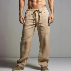 OUKU Men's Linen Pants Trousers Summer Pants Beach Pants Elastic Waist Drawstring Straight Leg Plain Comfort Breathable Full Length Casual Daily Holiday Fashion Classic Style Black White