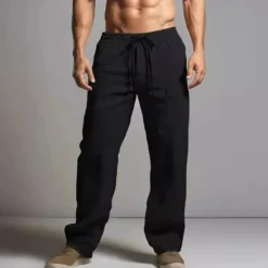 OUKU Men's Linen Pants Trousers Summer Pants Beach Pants Elastic Waist Drawstring Straight Leg Plain Comfort Breathable Full Length Casual Daily Holiday Fashion Classic Style Black White