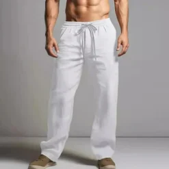 OUKU Men's Linen Pants Trousers Summer Pants Beach Pants Elastic Waist Drawstring Straight Leg Plain Comfort Breathable Full Length Casual Daily Holiday Fashion Classic Style Black White