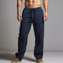 OUKU Men's Linen Pants Trousers Summer Pants Beach Pants Elastic Waist Drawstring Straight Leg Plain Comfort Breathable Full Length Casual Daily Holiday Fashion Classic Style Black White