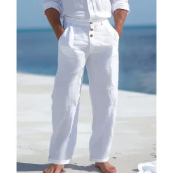 Best OUKU Men's Linen Pants Trousers Summer Pants Beach Pants Front Pocket Straight Leg Plain Comfort Breathable Business Casual Daily Fashion Basic Black White