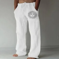 Discount OUKU Men's Linen Pants Trousers Summer Pants Beach Pants Print Straight Leg Graphic Sun Soft Outdoor Full Length Home Casual Daily Fashion Streetwear White Blue Micro-elastic