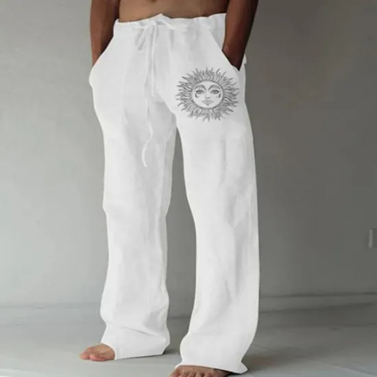 Discount OUKU Men's Linen Pants Trousers Summer Pants Beach Pants Print Straight Leg Graphic Sun Soft Outdoor Full Length Home Casual Daily Fashion Streetwear White Blue Micro-elastic
