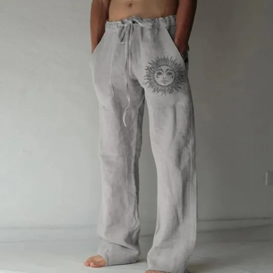 Discount OUKU Men's Linen Pants Trousers Summer Pants Beach Pants Print Straight Leg Graphic Sun Soft Outdoor Full Length Home Casual Daily Fashion Streetwear White Blue Micro-elastic
