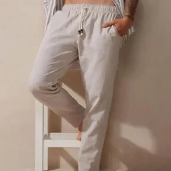 Clearance OUKU Men's Linen Pants Trousers Summer Pants Pocket Elastic Waist Plain Comfort Breathable Vacation Hawaiian Boho Dark Brown Green
