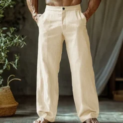 Outlet OUKU Men's Linen Pants Trousers Summer Pants Beach Pants Buttons Pocket Straight Leg Plain Comfort Breathable Vacation Daily Holiday Hawaiian Boho Black White