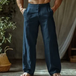 Outlet OUKU Men's Linen Pants Trousers Summer Pants Beach Pants Buttons Pocket Straight Leg Plain Comfort Breathable Vacation Daily Holiday Hawaiian Boho Black White