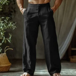 Outlet OUKU Men's Linen Pants Trousers Summer Pants Beach Pants Buttons Pocket Straight Leg Plain Comfort Breathable Vacation Daily Holiday Hawaiian Boho Black White