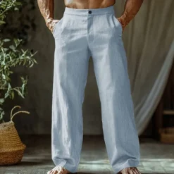 Outlet OUKU Men's Linen Pants Trousers Summer Pants Beach Pants Buttons Pocket Straight Leg Plain Comfort Breathable Vacation Daily Holiday Hawaiian Boho Black White