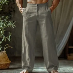 Outlet OUKU Men's Linen Pants Trousers Summer Pants Beach Pants Buttons Pocket Straight Leg Plain Comfort Breathable Vacation Daily Holiday Hawaiian Boho Black White