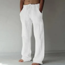 OUKU Men's Linen Pants Trousers Summer Pants Pocket Drawstring Plain Comfort Breathable Full Length Yoga Casual Daily Basic Straight Loose Fit Black White Micro-elastic