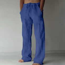 OUKU Men's Linen Pants Trousers Summer Pants Pocket Drawstring Plain Comfort Breathable Full Length Yoga Casual Daily Basic Straight Loose Fit Black White Micro-elastic