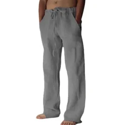 OUKU Men's Linen Pants Trousers Summer Pants Pocket Drawstring Plain Comfort Breathable Full Length Yoga Casual Daily Basic Straight Loose Fit Black White Micro-elastic