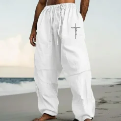 OUKU Men's Linen Pants Trousers Summer Pants Baggy Pants Pocket Drawstring Elastic Waist Plain Comfort Breathable Full Length Casual Daily Holiday Vacation Streetwear Black White