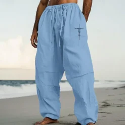 OUKU Men's Linen Pants Trousers Summer Pants Baggy Pants Pocket Drawstring Elastic Waist Plain Comfort Breathable Full Length Casual Daily Holiday Vacation Streetwear Black White