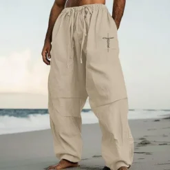 OUKU Men's Linen Pants Trousers Summer Pants Baggy Pants Pocket Drawstring Elastic Waist Plain Comfort Breathable Full Length Casual Daily Holiday Vacation Streetwear Black White
