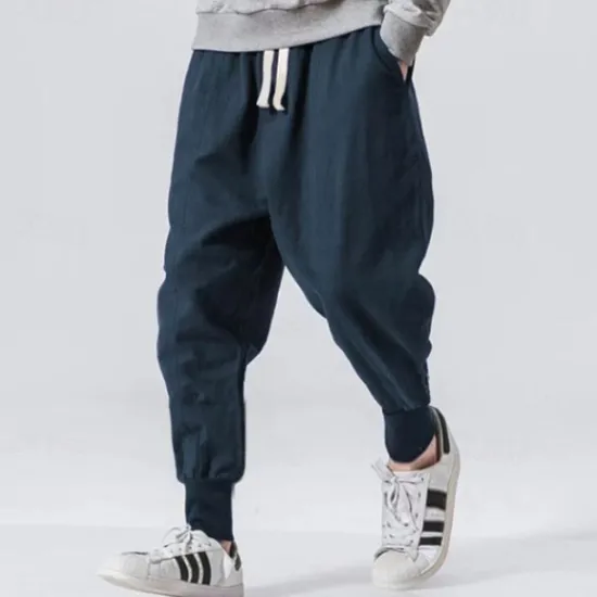 Clearance OUKU Men's Linen Pants Trousers Patchwork Drawstring Harem Solid Color Breathable Quick Dry Street Casual Athleisure Loose Fit Black Gray Micro-elastic / Winter / Cropped Pants / Moisture Wicking