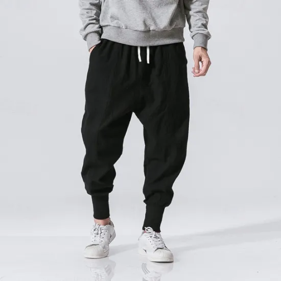 Clearance OUKU Men's Linen Pants Trousers Patchwork Drawstring Harem Solid Color Breathable Quick Dry Street Casual Athleisure Loose Fit Black Gray Micro-elastic / Winter / Cropped Pants / Moisture Wicking