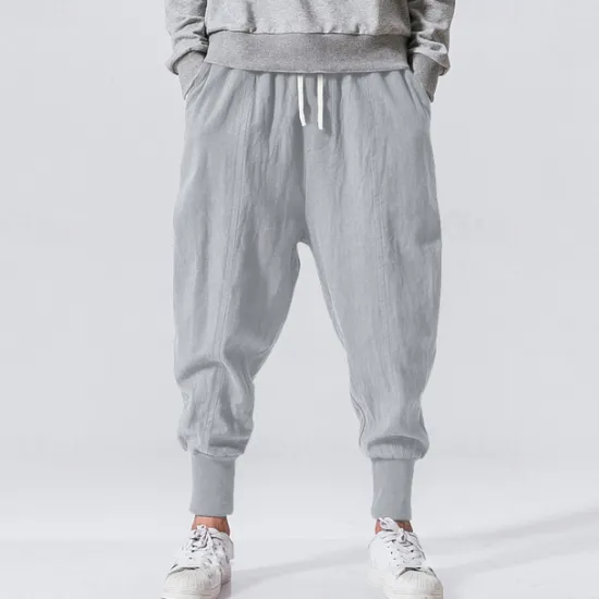 Clearance OUKU Men's Linen Pants Trousers Patchwork Drawstring Harem Solid Color Breathable Quick Dry Street Casual Athleisure Loose Fit Black Gray Micro-elastic / Winter / Cropped Pants / Moisture Wicking