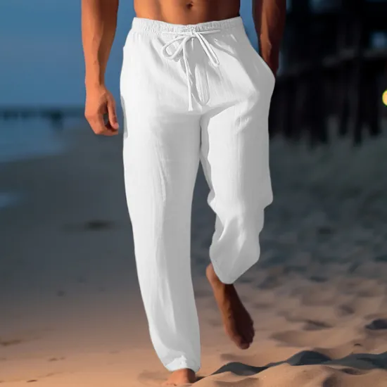 Sale OUKU Men's Linen Pants Trousers Summer Pants Beach Pants Drawstring Elastic Waist Straight Leg Plain Comfort Breathable Casual Daily Holiday Fashion Classic Style Light Khaki Black