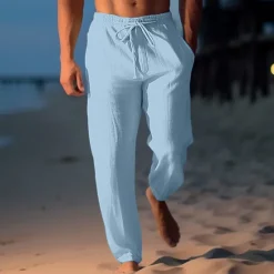 Sale OUKU Men's Linen Pants Trousers Summer Pants Beach Pants Drawstring Elastic Waist Straight Leg Plain Comfort Breathable Casual Daily Holiday Fashion Classic Style Light Khaki Black