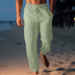 Sale OUKU Men's Linen Pants Trousers Summer Pants Beach Pants Drawstring Elastic Waist Straight Leg Plain Comfort Breathable Casual Daily Holiday Fashion Classic Style Light Khaki Black