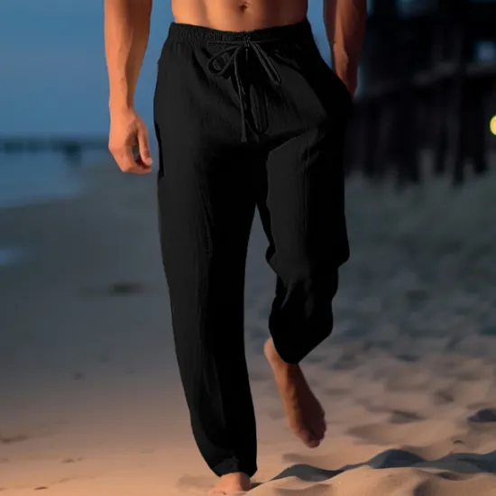 Sale OUKU Men's Linen Pants Trousers Summer Pants Beach Pants Drawstring Elastic Waist Straight Leg Plain Comfort Breathable Casual Daily Holiday Fashion Classic Style Light Khaki Black