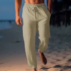 Sale OUKU Men's Linen Pants Trousers Summer Pants Beach Pants Drawstring Elastic Waist Straight Leg Plain Comfort Breathable Casual Daily Holiday Fashion Classic Style Light Khaki Black