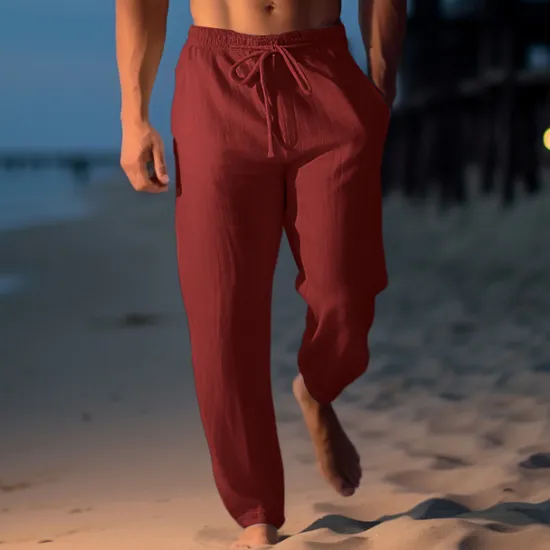 Sale OUKU Men's Linen Pants Trousers Summer Pants Beach Pants Drawstring Elastic Waist Straight Leg Plain Comfort Breathable Casual Daily Holiday Fashion Classic Style Light Khaki Black
