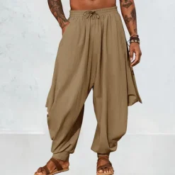 Best OUKU Men's Linen Pants Trousers Summer Pants Baggy Pants Harem Pants Drawstring Elastic Waist Plain Comfort Breathable Full Length Outdoor Casual Holiday Fashion Classic Style Black Green
