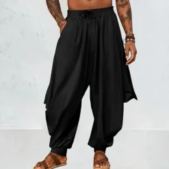 Best OUKU Men's Linen Pants Trousers Summer Pants Baggy Pants Harem Pants Drawstring Elastic Waist Plain Comfort Breathable Full Length Outdoor Casual Holiday Fashion Classic Style Black Green