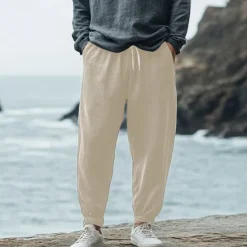 Sale OUKU Men's Linen Pants Trousers Summer Pants Elastic Waist Straight Leg High Rise Solid Color Comfort Breathable Full Length Wedding Holiday Vacation Fashion Black White High Waist Inelastic