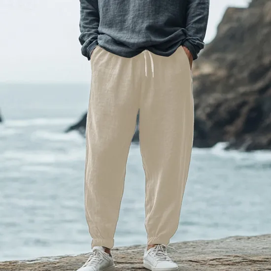 Sale OUKU Men's Linen Pants Trousers Summer Pants Elastic Waist Straight Leg High Rise Solid Color Comfort Breathable Full Length Wedding Holiday Vacation Fashion Black White High Waist Inelastic