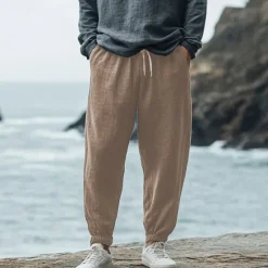 Sale OUKU Men's Linen Pants Trousers Summer Pants Elastic Waist Straight Leg High Rise Solid Color Comfort Breathable Full Length Wedding Holiday Vacation Fashion Black White High Waist Inelastic