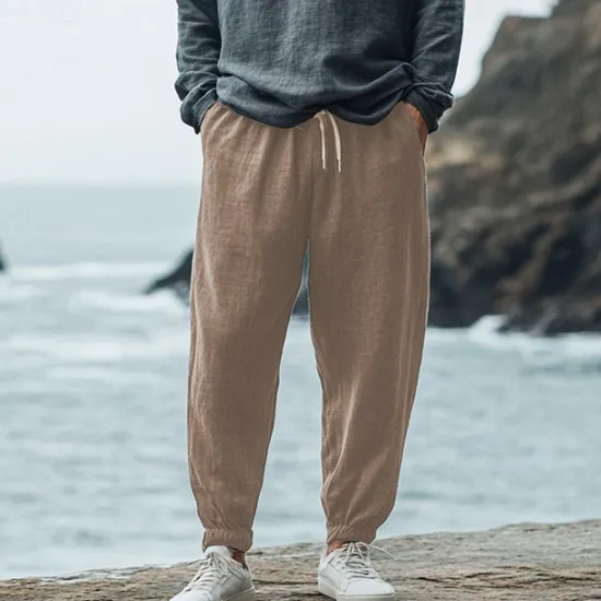 Sale OUKU Men's Linen Pants Trousers Summer Pants Elastic Waist Straight Leg High Rise Solid Color Comfort Breathable Full Length Wedding Holiday Vacation Fashion Black White High Waist Inelastic