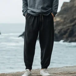 Sale OUKU Men's Linen Pants Trousers Summer Pants Elastic Waist Straight Leg High Rise Solid Color Comfort Breathable Full Length Wedding Holiday Vacation Fashion Black White High Waist Inelastic