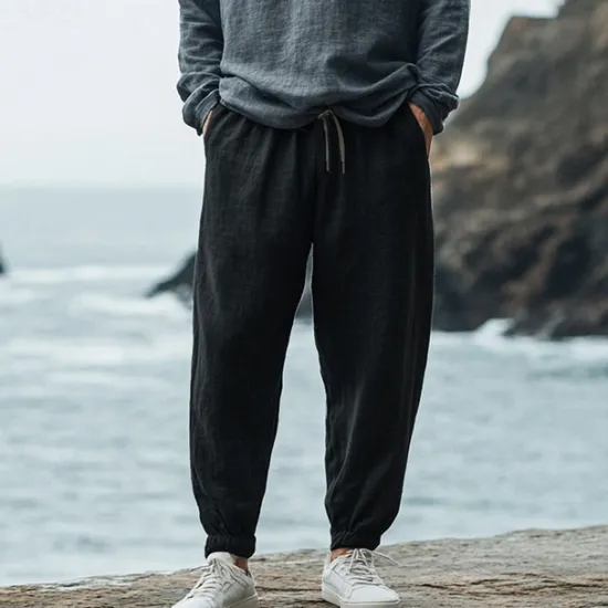 Sale OUKU Men's Linen Pants Trousers Summer Pants Elastic Waist Straight Leg High Rise Solid Color Comfort Breathable Full Length Wedding Holiday Vacation Fashion Black White High Waist Inelastic