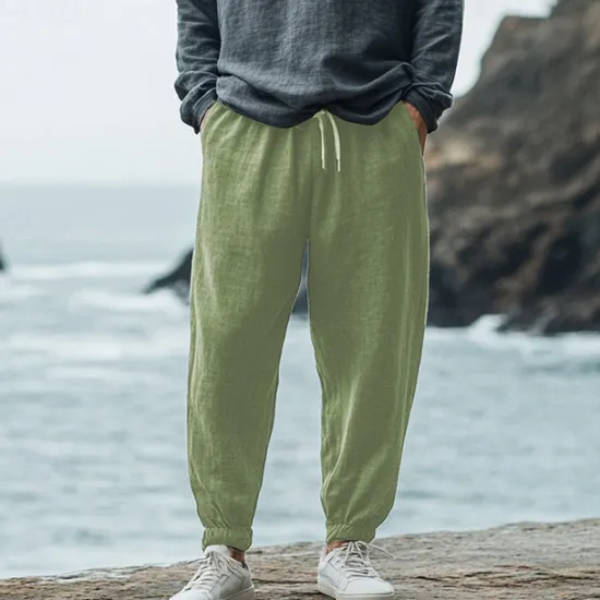 Sale OUKU Men's Linen Pants Trousers Summer Pants Elastic Waist Straight Leg High Rise Solid Color Comfort Breathable Full Length Wedding Holiday Vacation Fashion Black White High Waist Inelastic