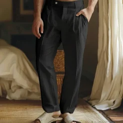 Online OUKU Men's Linen Pants Trousers Summer Pants Front Pocket Straight Leg Plain Comfort Breathable Casual Daily Holiday Fashion Basic Black White