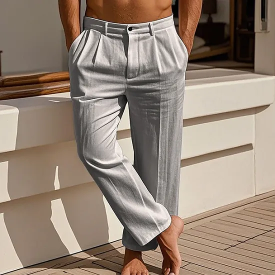 Discount OUKU Men's Linen Pants Trousers Summer Pants Beach Pants Pocket Pleats Plain Comfort Breathable Vacation Daily Holiday Hawaiian Boho Black White