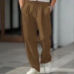 New OUKU Men's Linen Pants Trousers Summer Pants Front Pocket Pleats Straight Leg Plain Comfort Breathable Full Length Casual Daily Holiday Fashion Basic Dark Khaki Black Micro-elastic
